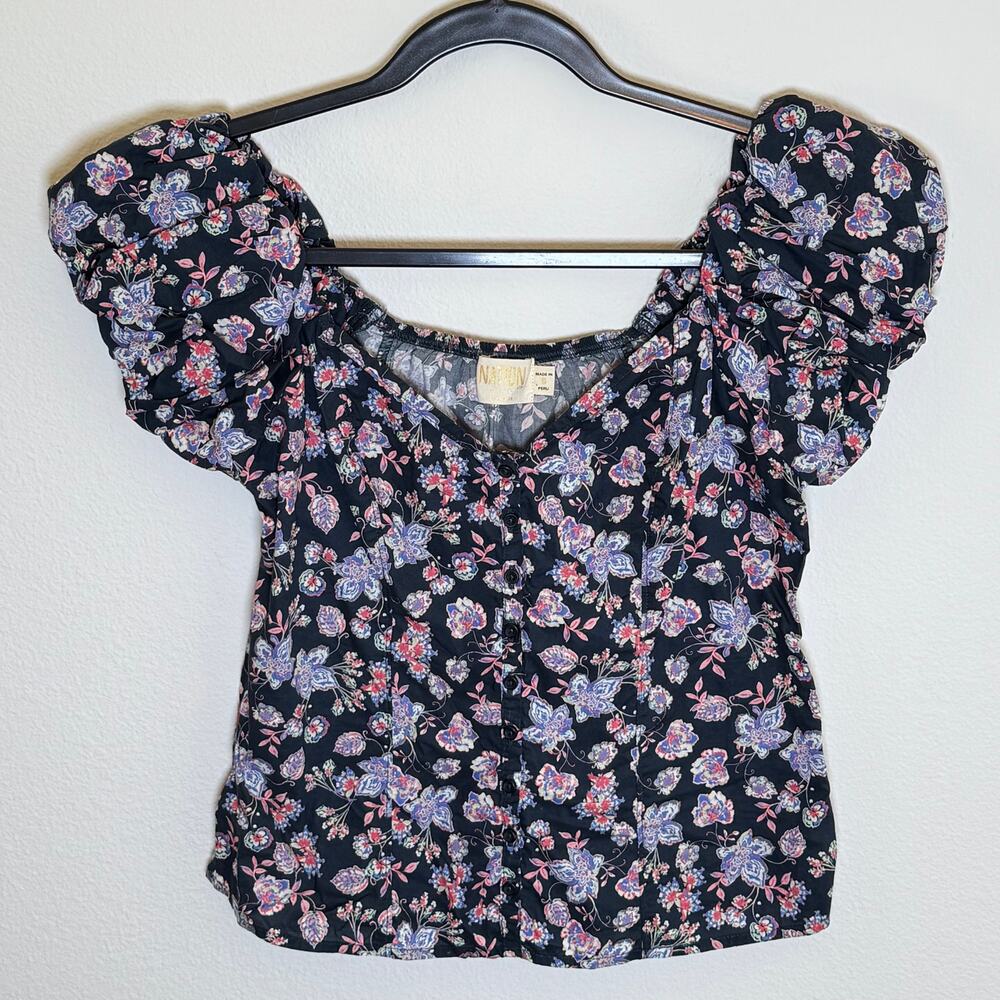 Nation LTD Angel Bubble Sleeve Sweetheart Top Midsummer Stonewashed‎ Navy Floral